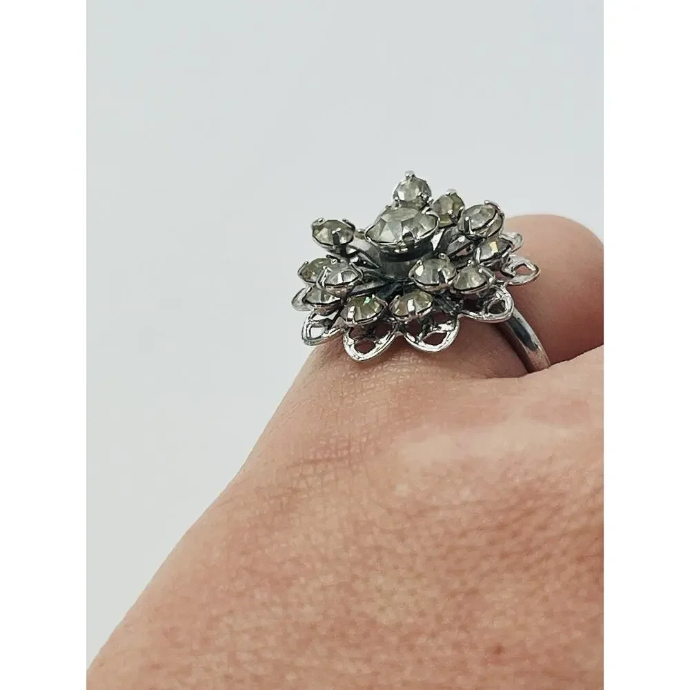 SARAH COVENTRY Rhinestone Flower Ring Silver Tone Vintage Signed Tiered Layered